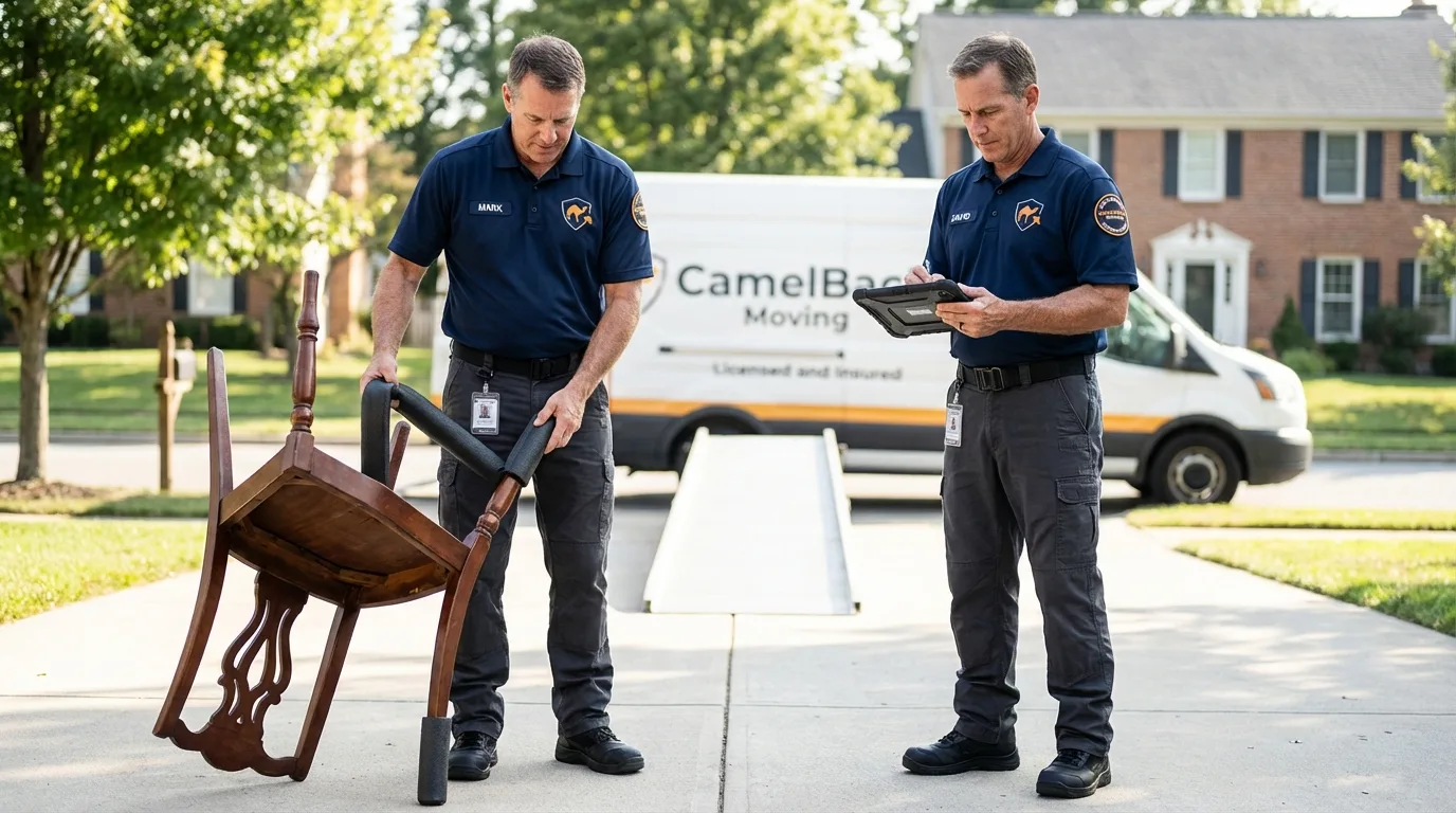 Movers inspecting furniture for damage prevention before loading in DuPont, WA