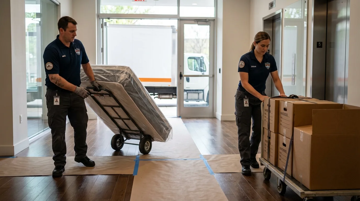 Professional apartment movers loading elevator in DuPont, WA
