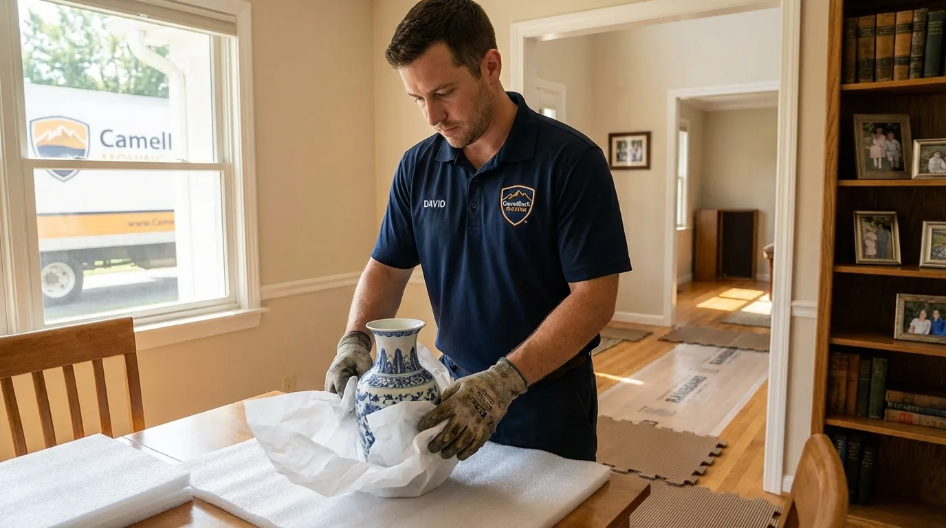 Professional crew carefully wrapping antique vase for senior downsizing move in DuPont, WA